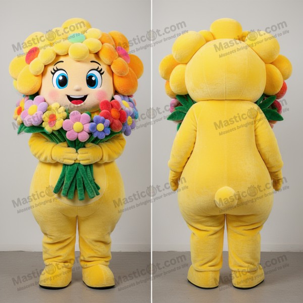 Bright yellow cheerful bouquet of flowers mascot -