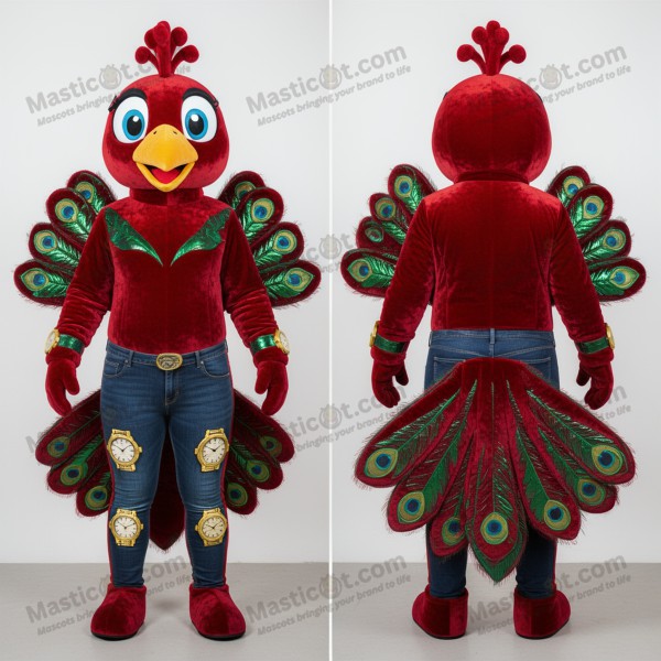 Crimson velvety broad feathered peacock mascot -