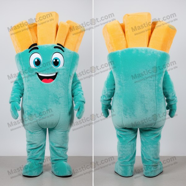 Turquoise cheerful french fries mascot - Masticot.com