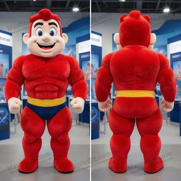 Velvety Red Muscular Strongman Mascot - Masticot.com