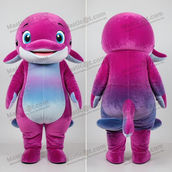 Magenta blue broad shouldered blue whale mascot -