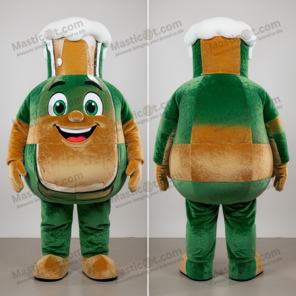 Zelený pivní maskot s širokými rameny a smaragdovým