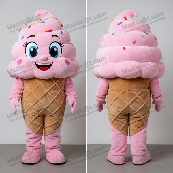 Lujoso disfraz de mascota de cono de helado rosa acolchado