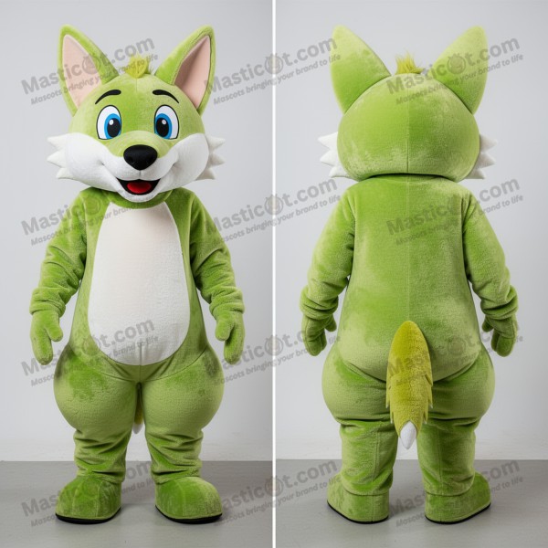 Limetkově zelený dingo maskot s veselou beretkou -