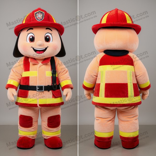 Mascot hasiče z broskvové měkké látky s kresleným motivem -