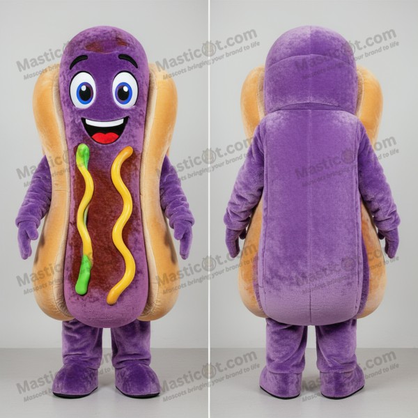 Mascota de perrito caliente de felpa morada con gran