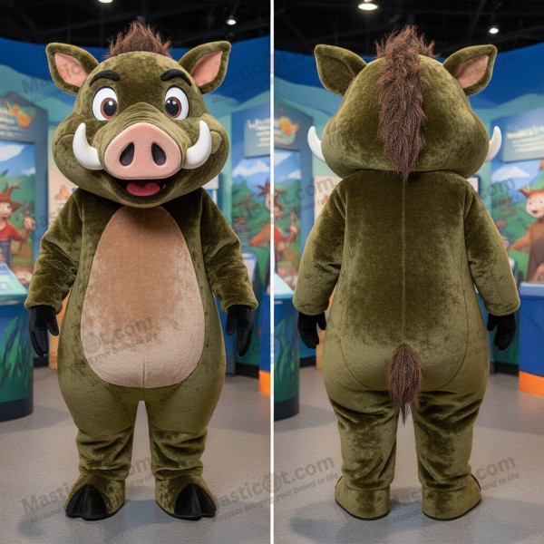 Olive Green Cartoon Wild Boar Mascot - Masticot.com